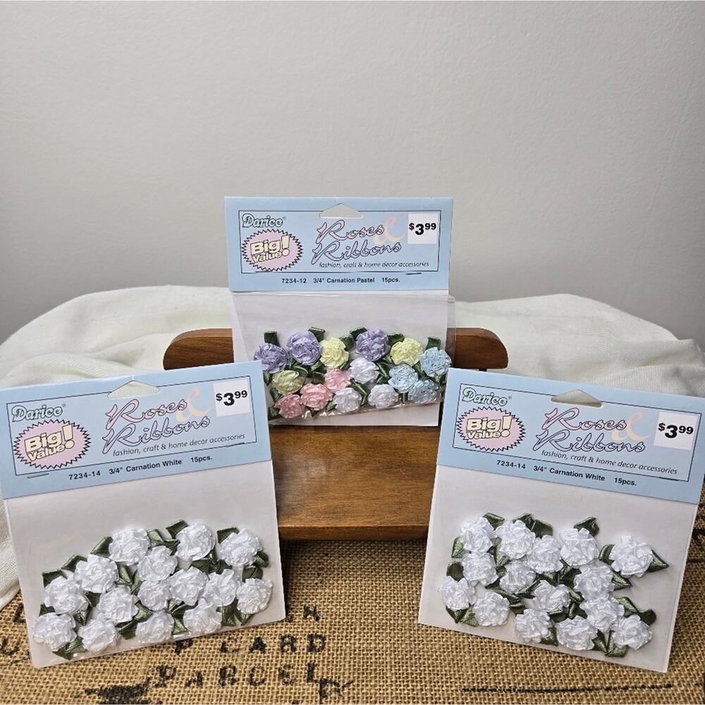 NWT Darice White & Pastel Ribbon Carnations Set ¾" Size 3packs of 15 each